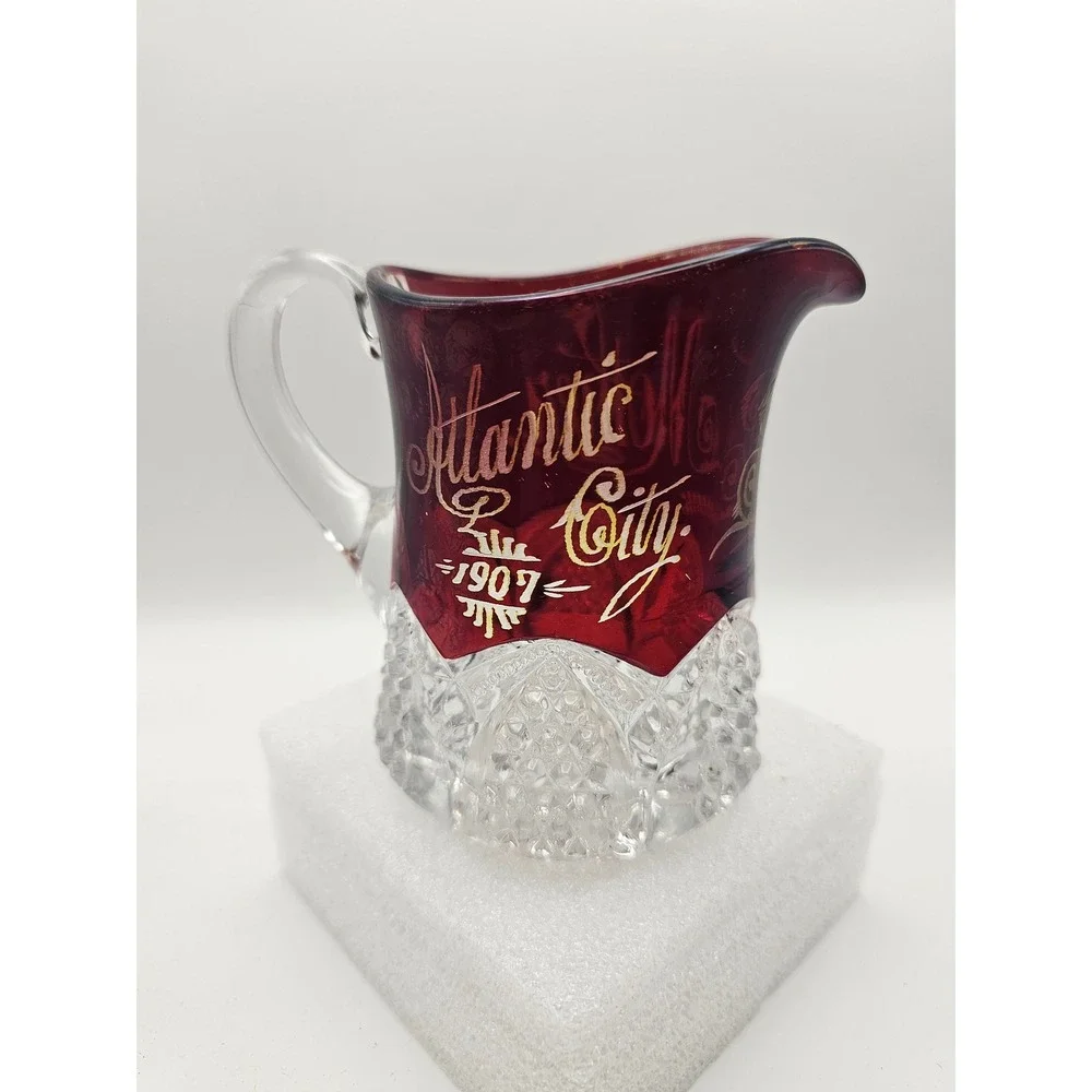 Antique 1907 Atlantic City Ruby Stained Glass Souvenir Pitcher EAPG Mother 4in